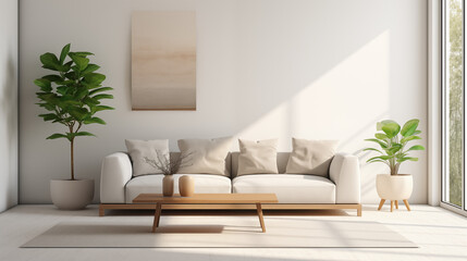 Fototapeta premium Minimalist Living Room With White Sofa and Green Plants