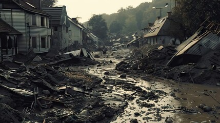 Apocalyptic city scene of city ruins, digital illustration. AI generated illustration