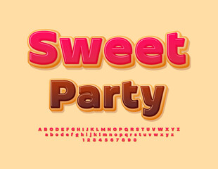 Vector tasty badge Sweet Party. Cake style Font. Delicious Alphabet Letters and Numbers set.