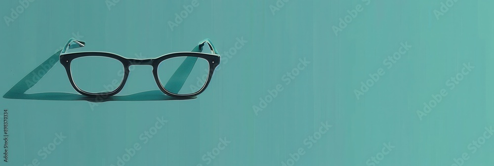 Poster Black eyeglasses lay on a flat teal surface. The eyeglasses cast a shadow on the surface. Generative AI