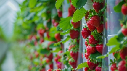 Obraz premium A close-up view of ripe red strawberries growing vertically in a greenhouse, with green leaves and a blurry background.