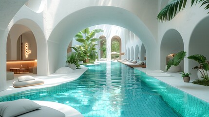 Indoor Pool With White Arches and Lush Greenery