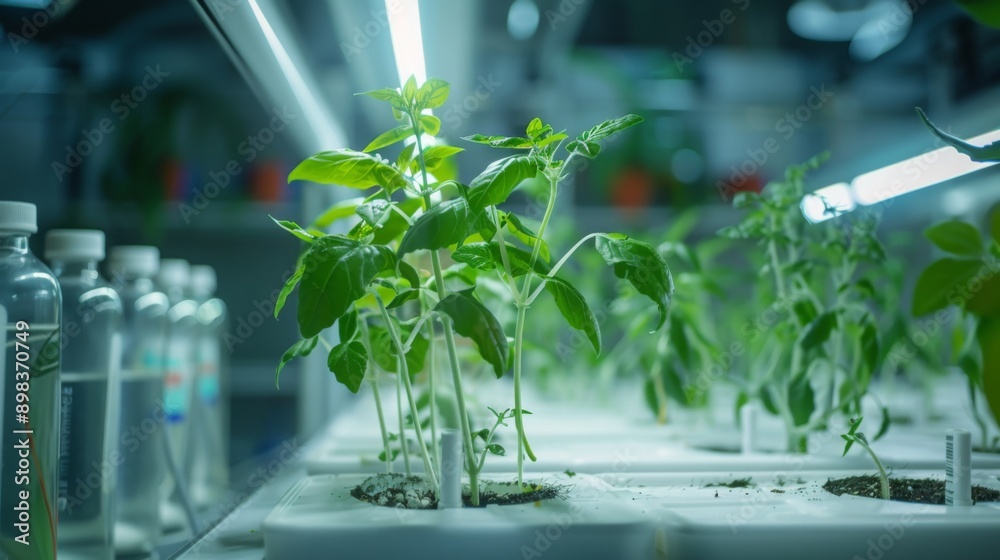 Poster a close-up view of basil plants growing in a hydroponic system under artificial light. the plants ar