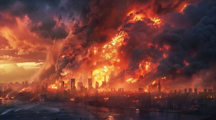 burning city illustration a city engulfed in flames. AI generated illustration