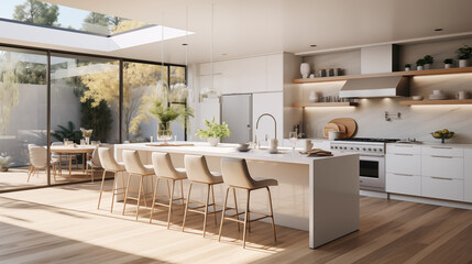 Sleek White Kitchen With Large Island and Skylight Overlooking a Serene Garden