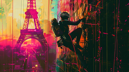 Obraz premium Glitch Art Climbing: A glitch effect illustration of a climber with the Eiffel Tower in the background on a digital screen background.
