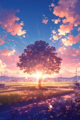 Beautiful sunset, well-organized rice paddies and country roads, with a nice tree in the middle. Japanese animation style digital drawing illustration, anime aesthetic.