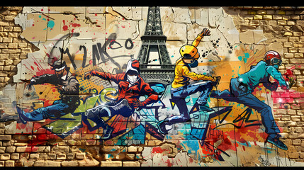 Fototapeta premium Graffiti Breaking: A graffiti-style illustration of breakdancers with the Eiffel Tower in the background on a brick wall background.