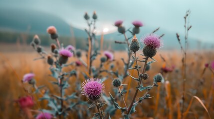 Obraz premium Close-up of wild thistle flowers with purple blooms in a meadow, with softly blurred mountains and sky in the background.