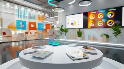 digital innovation hub where technology startups pitch their ideas in a virtual meeting space, with screens showing their business models and prototypes
