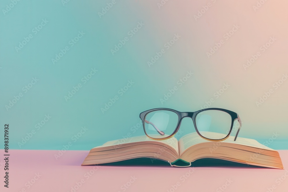 Fototapete A book with eyeglasses resting on the open pages against a background of pink and blue. Generative AI