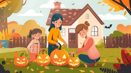 Obraz premium Family Carving Pumpkins for Halloween in the Backyard