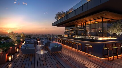 modern villa/restaurant/bar, with a beautiful view, large terrace with led lighting bar. Generated by AI