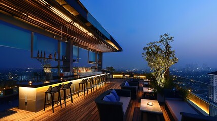 modern villa/restaurant/bar, with a beautiful view, large terrace with led lighting bar. Generated by AI