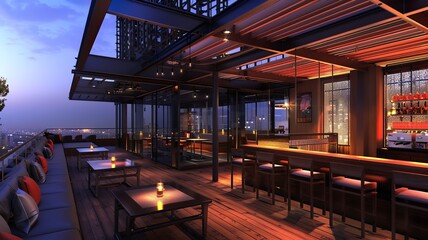 modern villa/restaurant/bar, with a beautiful view, large terrace with led lighting bar. Generated by AI