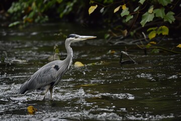 Naklejka premium A graceful grey heron standing still in a shallow river, waiting to catch fish.