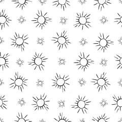 Seamless pattern sketch outline illustration isolated sun . White background. Print posters flyers badges clothes stationery wrapping paper.