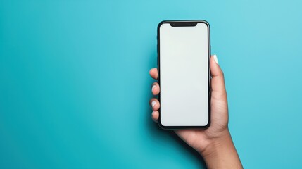 Hand Holding Smartphone with Blank Screen on Blue Background