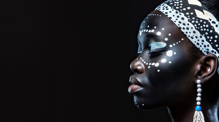 Beautiful African woman with black skin body art isolated on black background stunning cultural expression intricate designs bold and artistic portrayal captivating visual dark and elegant backdrop