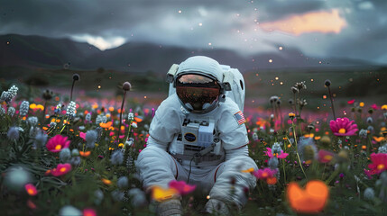Beautiful astronaut sitting in a field of colorful flowers on an alien planet futuristic space exploration serene and surreal scene cosmic landscape whimsical and imaginative setting celestial flora