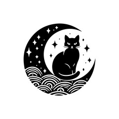 Mystical Black Cat Sitting on Crescent Moon with Celestial Witchcraft Symbol and Elements, Minimalist victor illustration Silhouette Style.