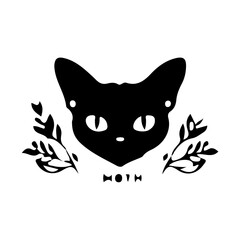 Mystical Black Cat Sitting on Crescent Moon with Celestial Witchcraft Symbol and Elements, Minimalist victor illustration Silhouette Style.