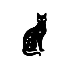 Obraz premium Mystical Black Cat Sitting on Crescent Moon with Celestial Witchcraft Symbol and Elements, Minimalist victor illustration Silhouette Style.