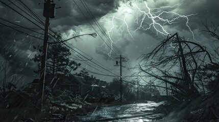 Electricity outage as consequences of natural disaster. Damaged power lines after hurricane wind broke tree limbs suburban area. AI generated illustration