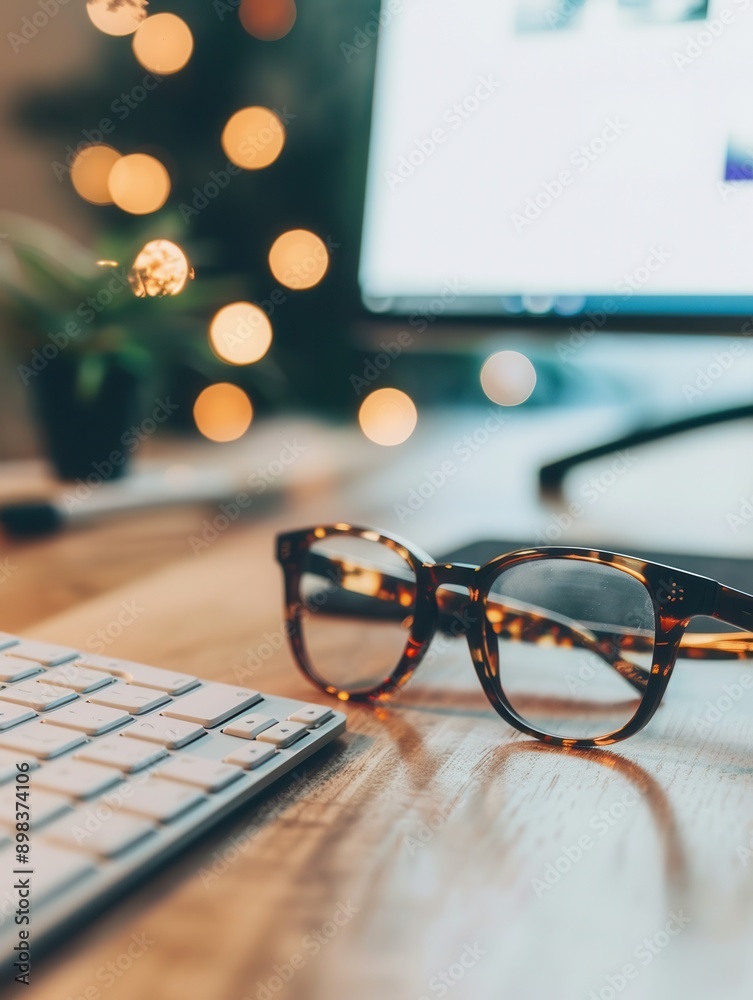 Leinwandbilder tortoiseshell eyeglasses sit on a wooden desk, next to a keyboard. the desk is near a computer monit