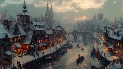 Snowy European Cityscape With River and Bridge at Sunset