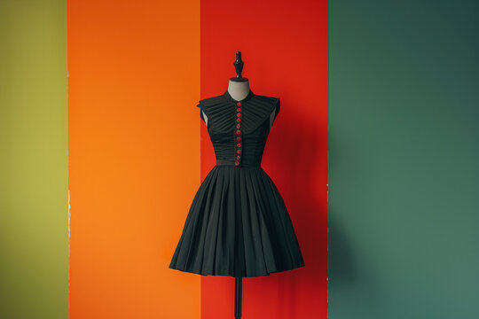 A dressmaker's mannequin with a retro black dress and red buttons. Fashion design with traditional fabrics and patterns. Orange, red and olive background with copy space.
