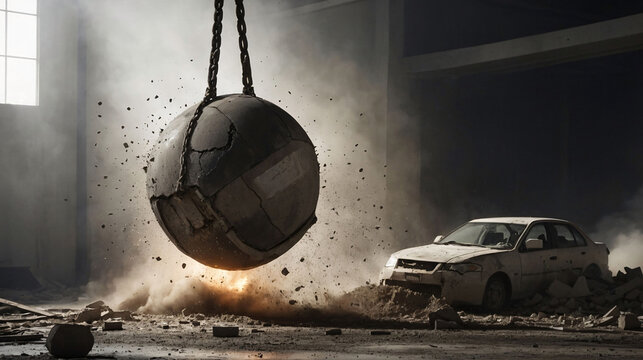 Wrecking ball smashing through concrete walls with debris at demolition site inside industrial building. Destruction, power, impact and ruin concept