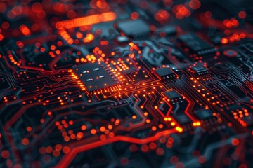 An intricate close-up of a computer circuit board with glowing pathways