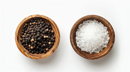 two_wooden_bowls_one_with_black_peppercorns_and_one_with_salt_crystals_on_completely_white_background_top_view_high_quality_isolated_16x9