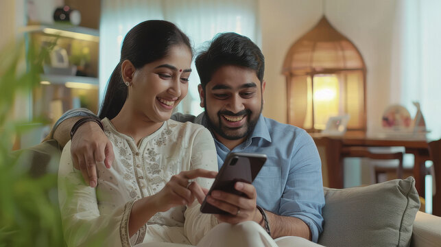 indian couple sitting on sofa using smartphone - Powered by Adobe