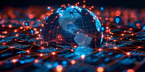 Fototapeta premium Global Connectivity: Digital Network Across the Globe, Earth in the Digital Age: Networked World Representation