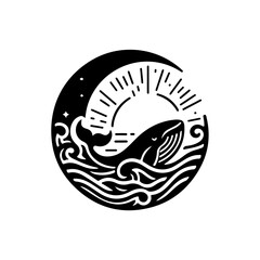 Naklejka premium Mystical whale Leaping from Ocean Waves at Sunset, Celestial Silhouette