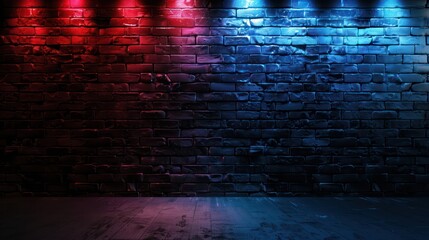 Abstract image of Studio dark room with red and blue lighting effects on black brick wall gradient background