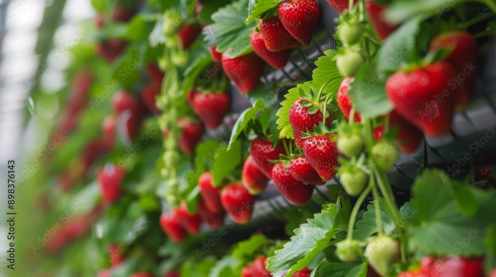 Poster close-up of a vertical trellis filled with ripe strawberries, showing the green leaves and red fruit