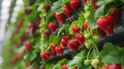 Obraz premium Close-up of a vertical trellis filled with ripe strawberries, showing the green leaves and red fruit.