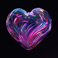 Bold holographic liquid heart shape isolated on black background striking futuristic design vibrant colors digital art modern technology sleek and shiny effect eye-catching visual 
