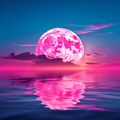 Obraz premium A mesmerizing full moon bathes the seascape in a surreal glow, casting a vibrant pink hue on the water and clouds, creating a dreamlike atmosphere.
