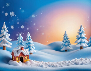 Naklejka premium Whimsical village, gingerbread house, snow-covered roofs, windows and chimney. House is surrounded by snow and snowflakes. Blue bokeh background. Festive and enchanting winter wonderland. AI generated