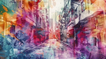 Abstract Watercolor Painting of Colorful Street Art in an Urban Alley - Vibrant Expression and Bold Hues