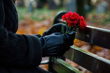 A close-up of gloved hands holding a red carnation flower, seated on a bench at a funeral in a cemetery, the focus is on the hands and flowers, with a blurred background of a wooden fence, long black