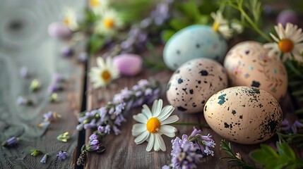 Fototapeta premium Assorted Easter eggs and wildflowers placed on a textured wooden table, delicate and charming composition