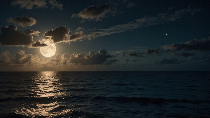 Obraz premium Beautiful seascape with full moon and clouds at night