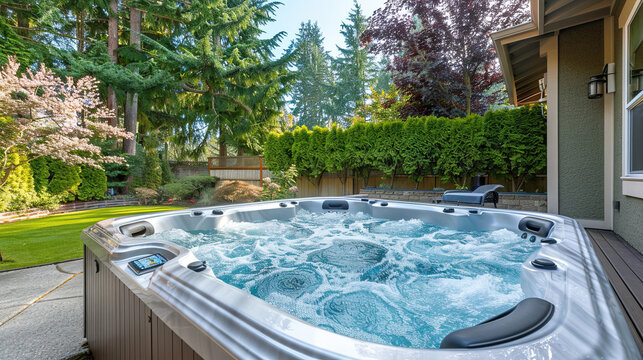 Bubbling hot tub in a backyard relaxing outdoor spa private garden area luxury comfort evening scene home retreat inviting atmosphere soothing water feature recreational space