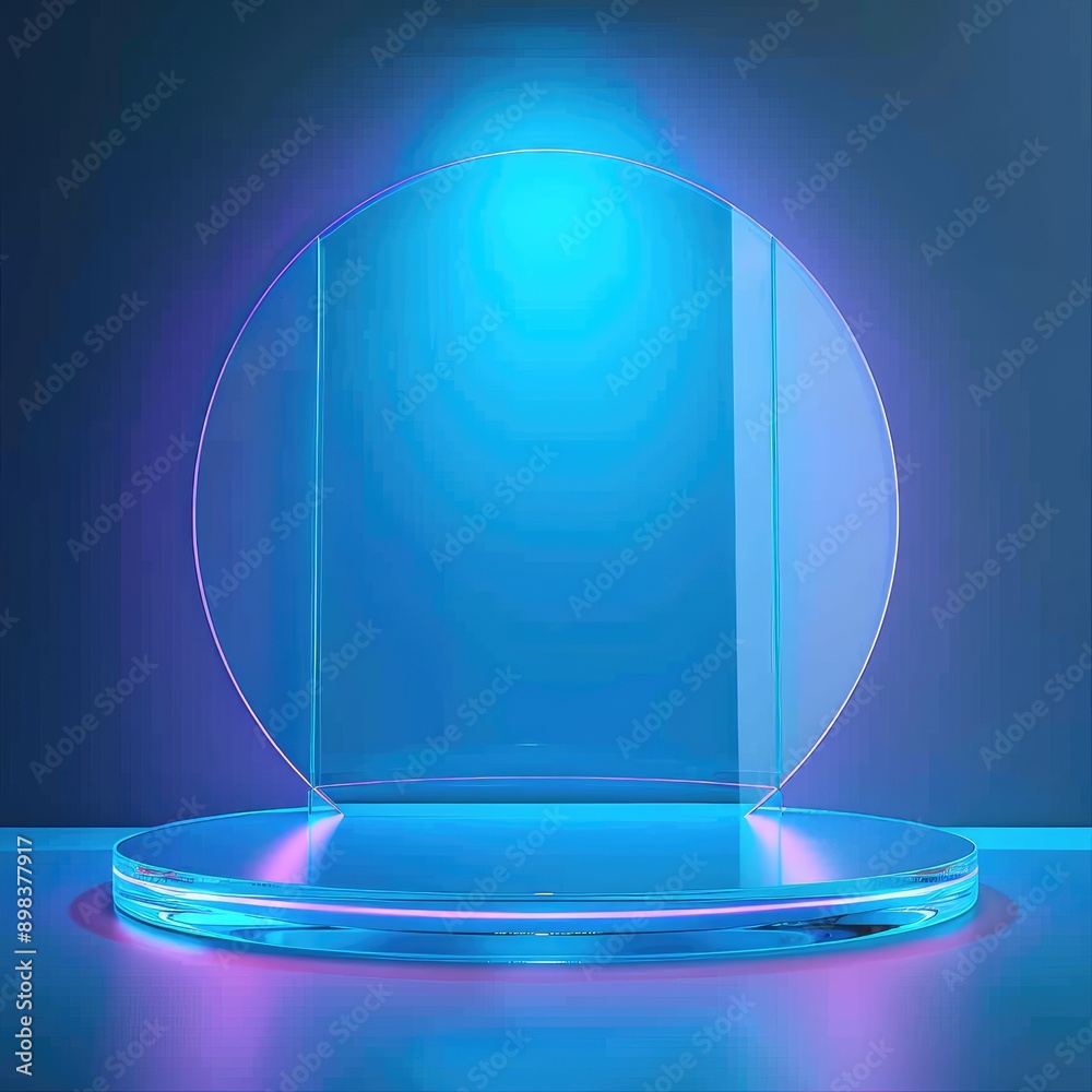 Poster modern neon circle light and podium in a minimalistic room for product placement display.