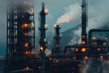 Industrial plant with complex machines and chimneys and smoke. Global air pollution